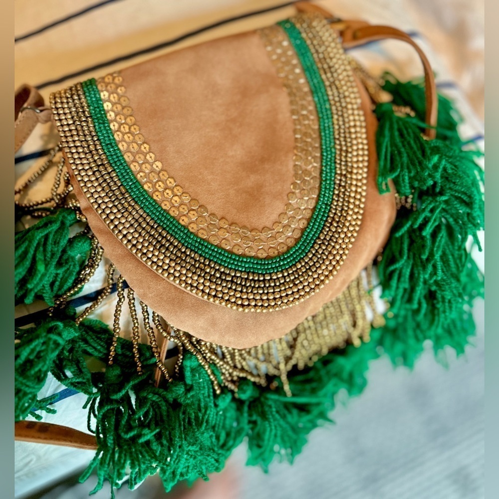 Boho embroidered saddle bag with beaded tassels. Excellent condition!